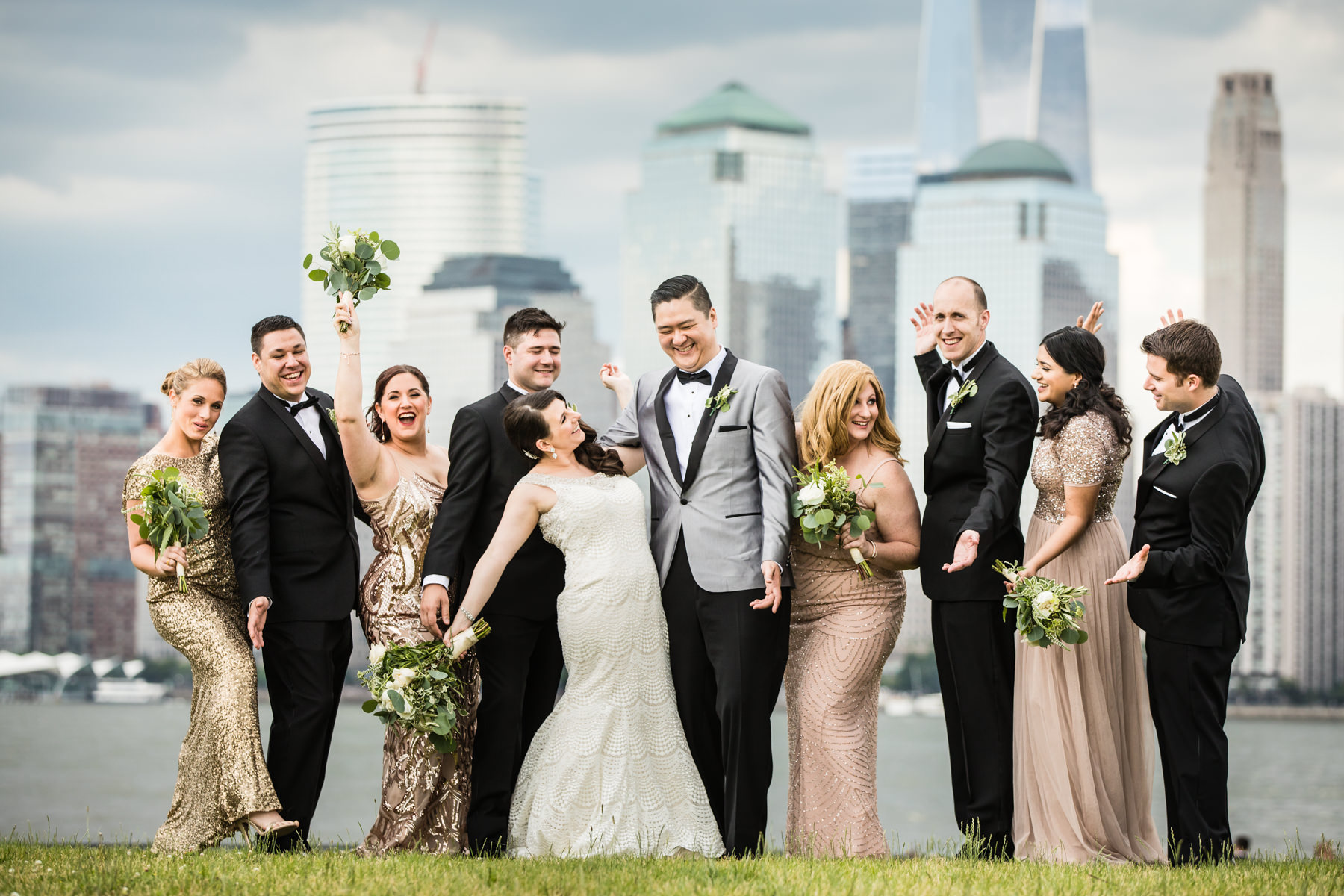 Fun bridal party at Liberty State Park