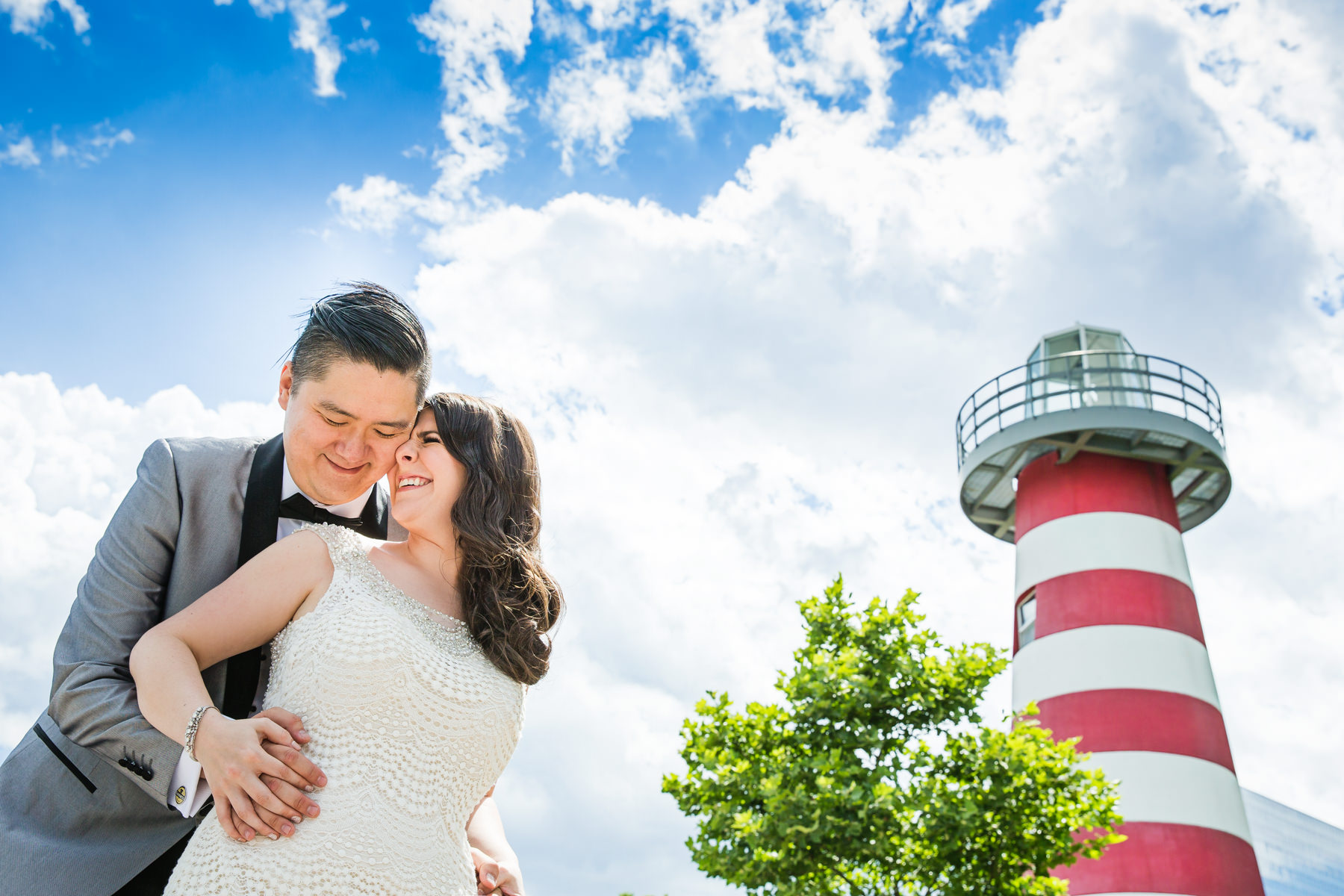 Bride and groom portrait at Lefrak Point Lighthouse in Jersey City New Jersey