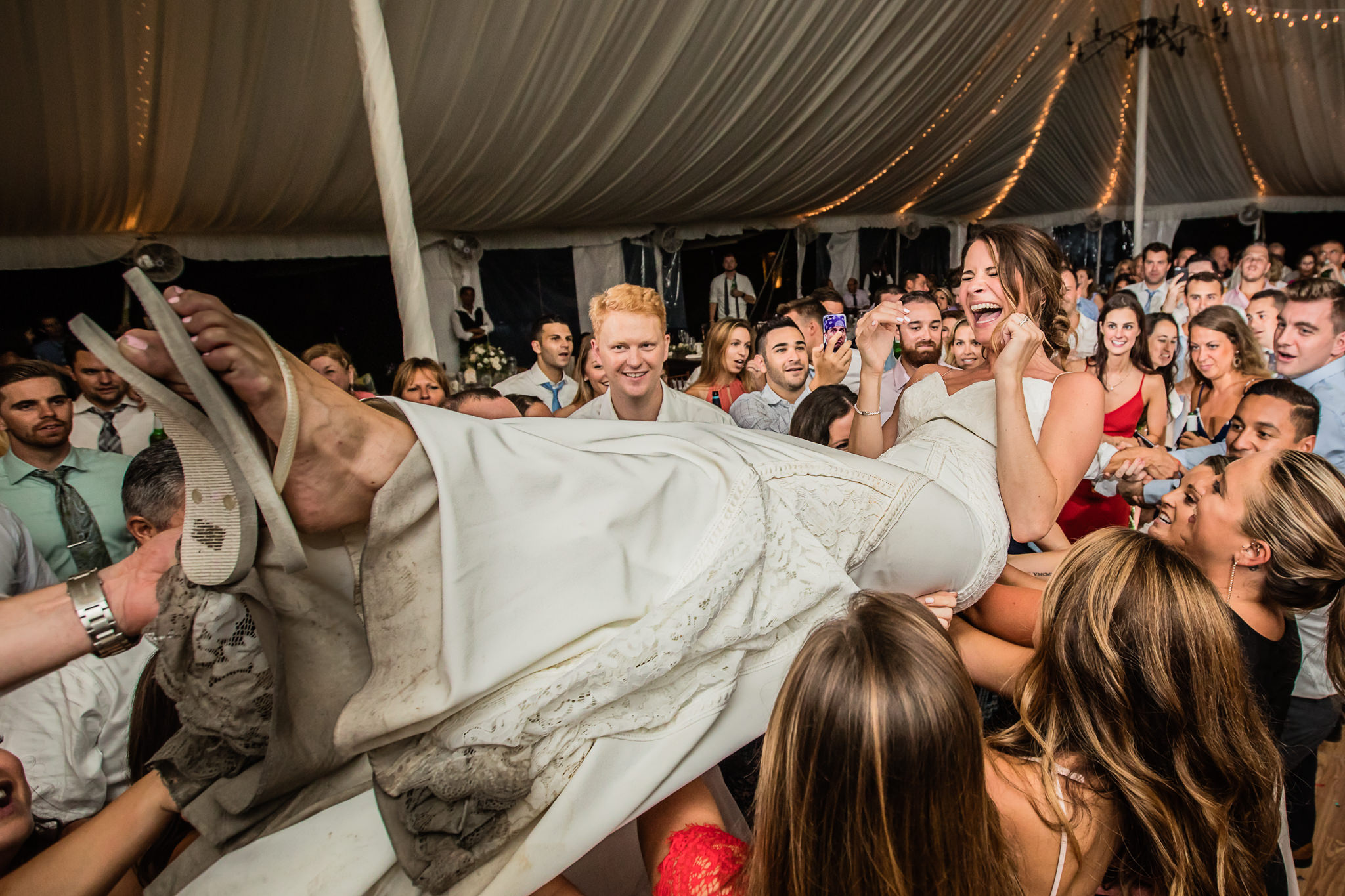 bride stage diving at her wedding in Andover, NJ
