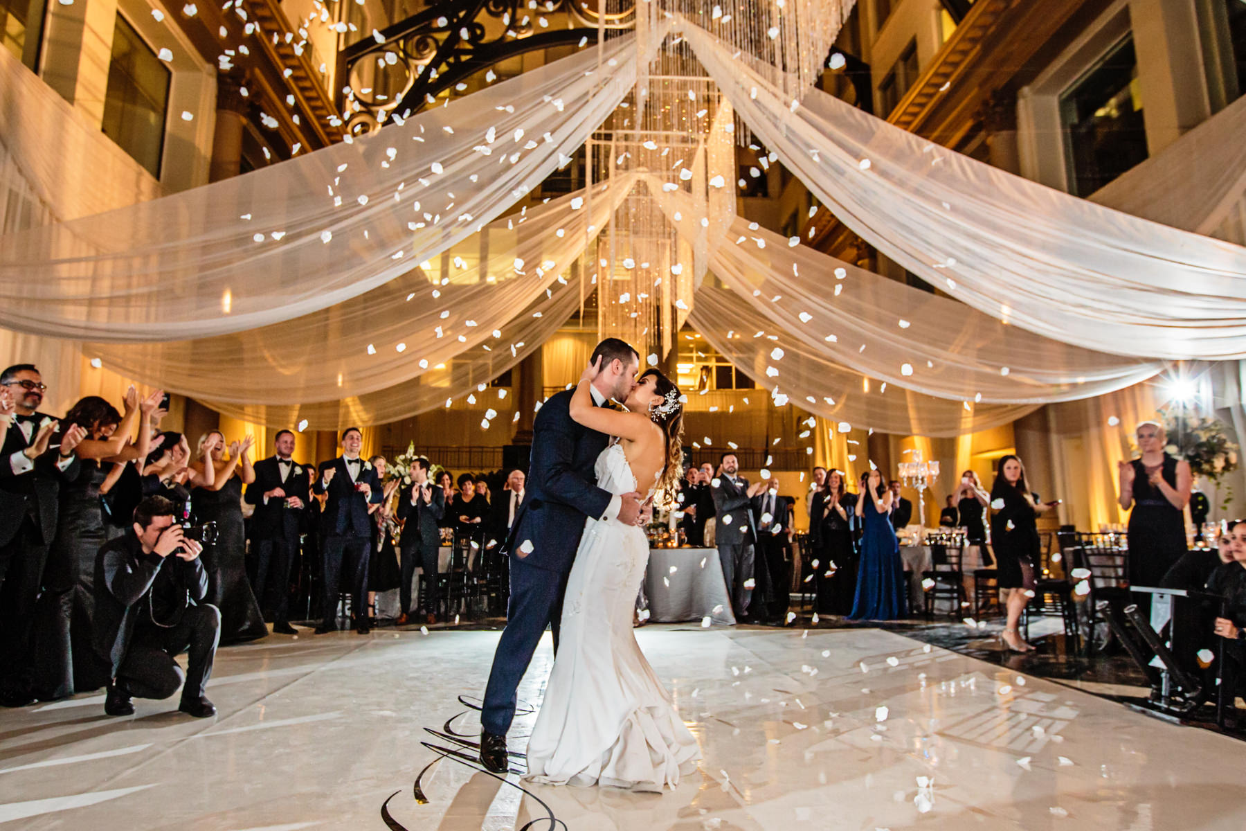 First dance of bride and groom at the Atrium at the Curtis Center in Philadelphia, PA