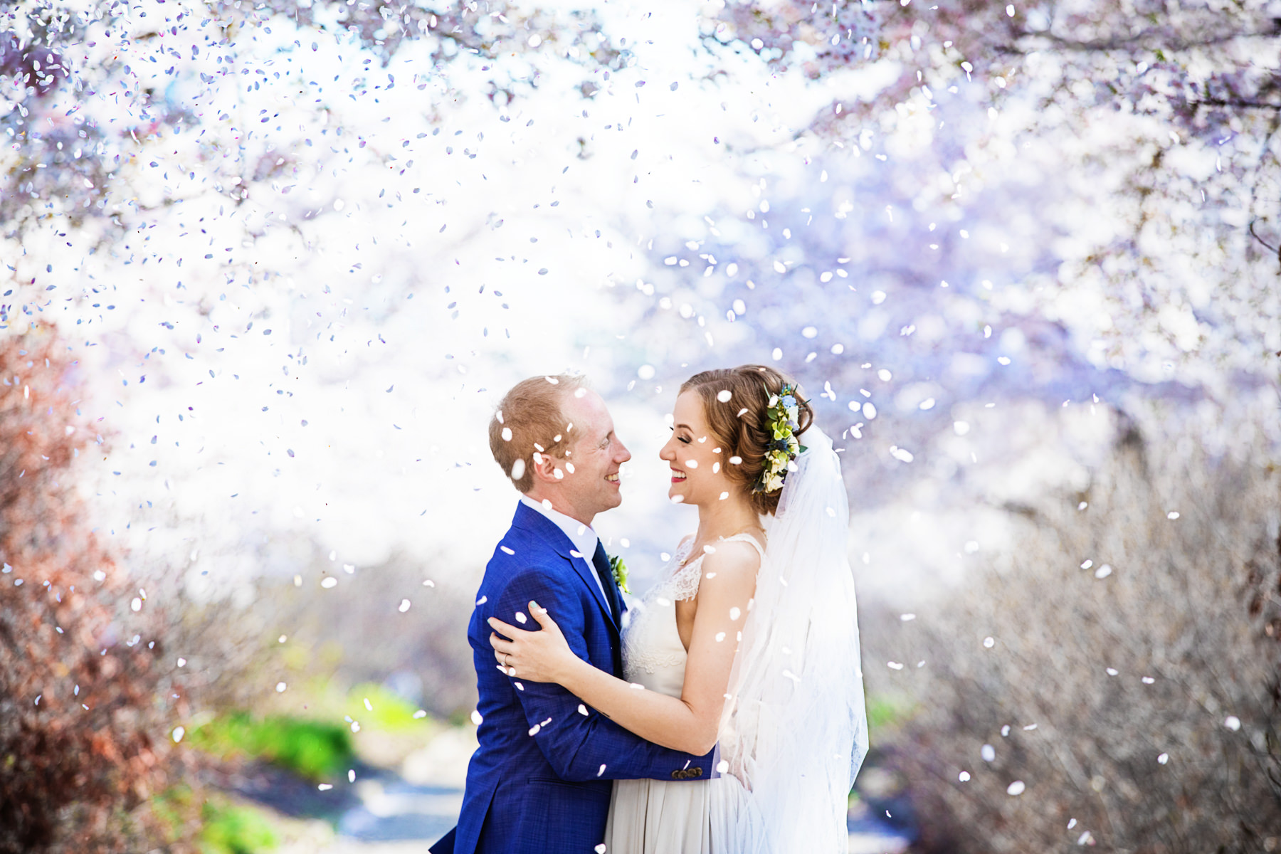 Bride and groom portrait in the springtime in Philadelphia, PA