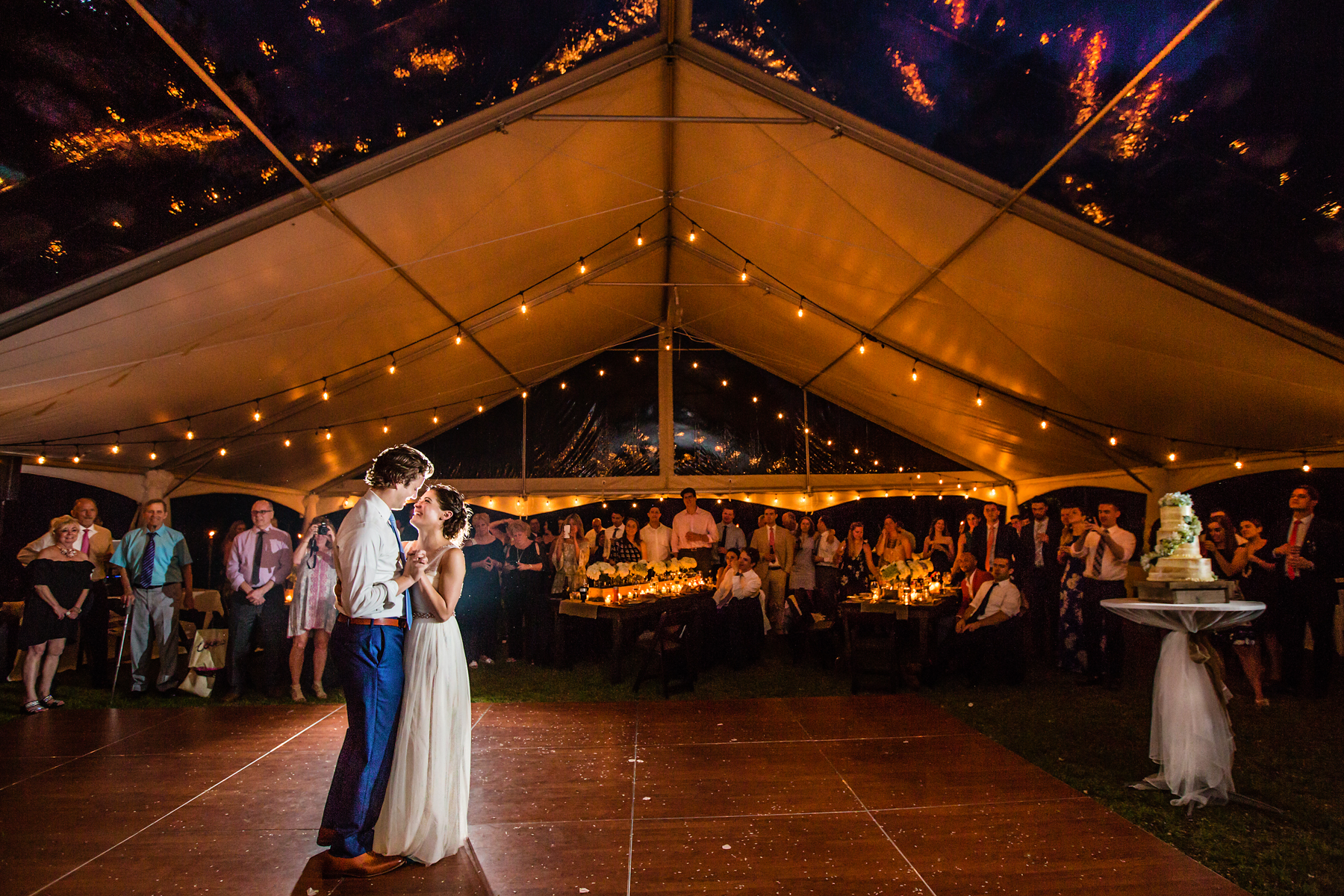 First dance at backyard tent wedding