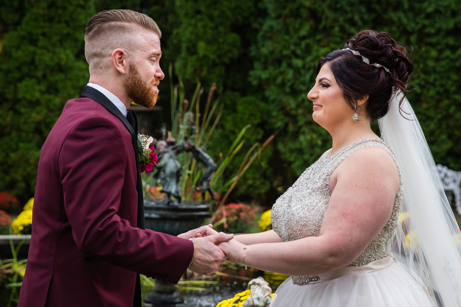 bride and groom first look at Park Savoy Florham Park NJ