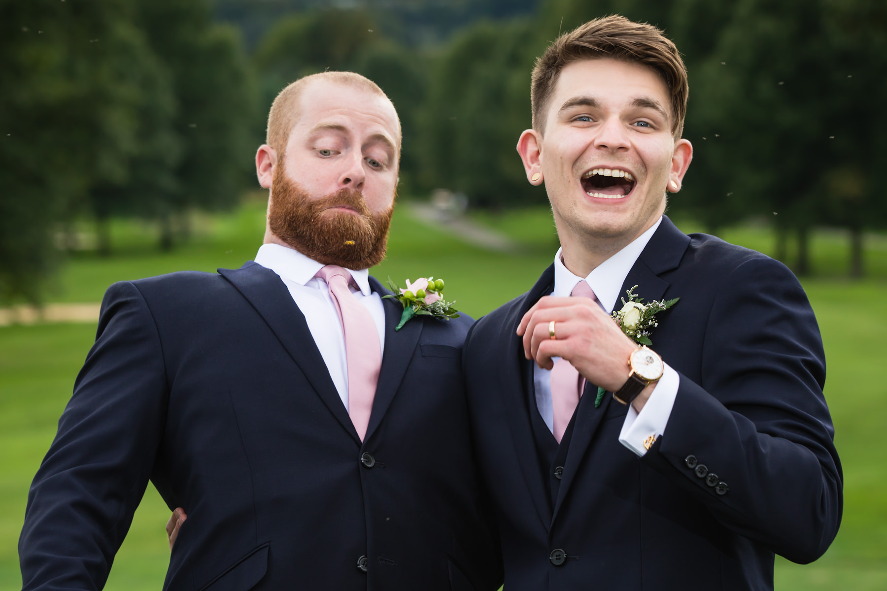 Groomsman encounters a bee in his beard at Beaver Brook Country Club Wedding